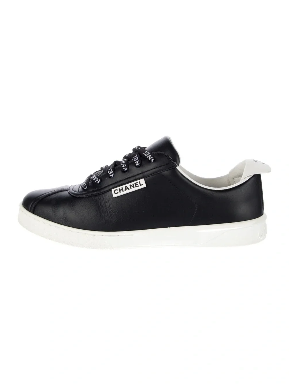 CHANEL Black and White Logo Ribbon Lace Low-Top Sneakers Size 39
